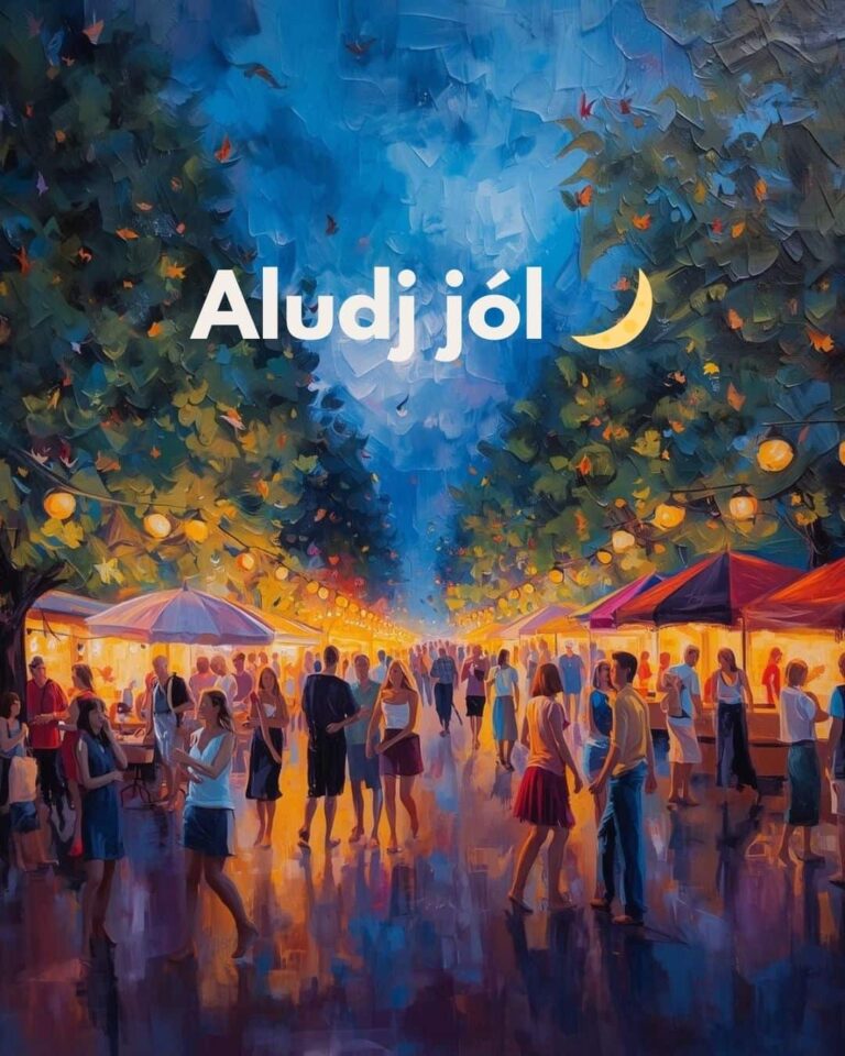 Aludj jól felirat, esti képeslap, festett háttér, a fasorban vidám emberek sétálnak, még éppen kék az ég