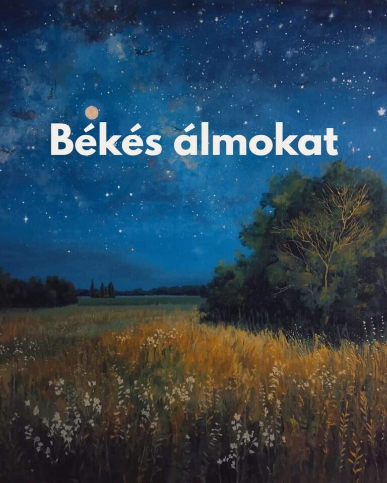 Békés álmokat feliratú esti képes üzenet, a háttérben erdei mező esti fényekben