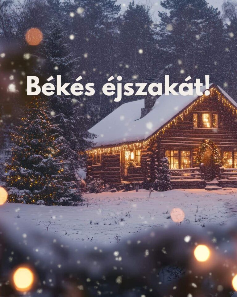 Ingyenes jó éjszakát képeslap Békés éjszakát üzenettel. Havas erdei ház, díszkivilágítás, hangulatvilágítás, karácsonyfa.