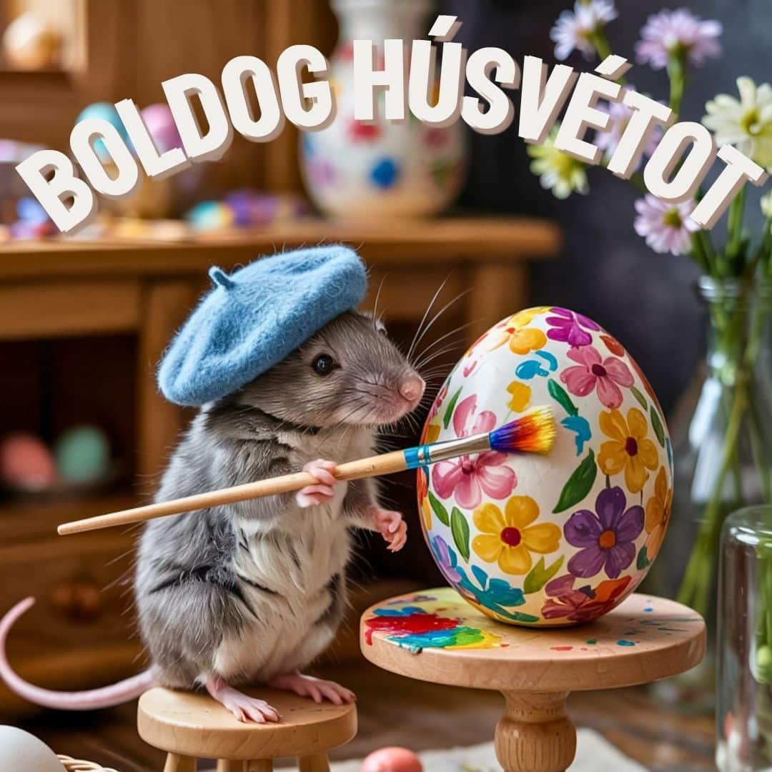 Vidám húsvéti képeslap tojást festő egérrel, Boldog húsvétot felirat