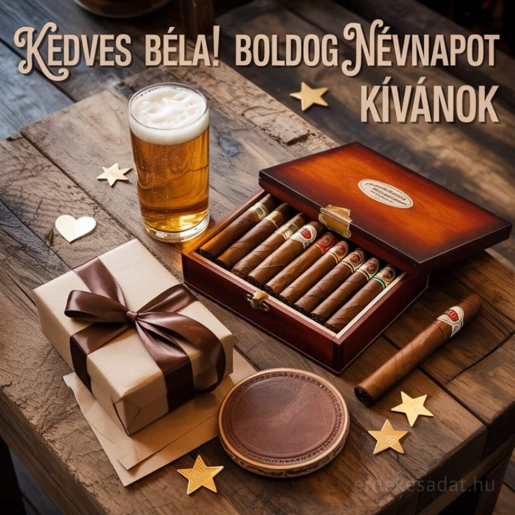 Béla névnapi köszöntő kép „Kedves Béla! Boldog névnapot kívánok” felirattal, sör és szivar