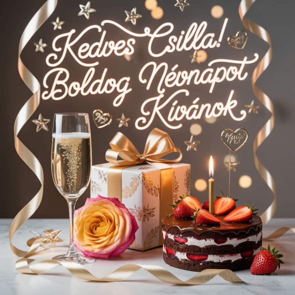Csilla névnapi köszöntő kép „Kedves Csilla! Boldog névnapot kívánok” felirattal, ünnepi asztal