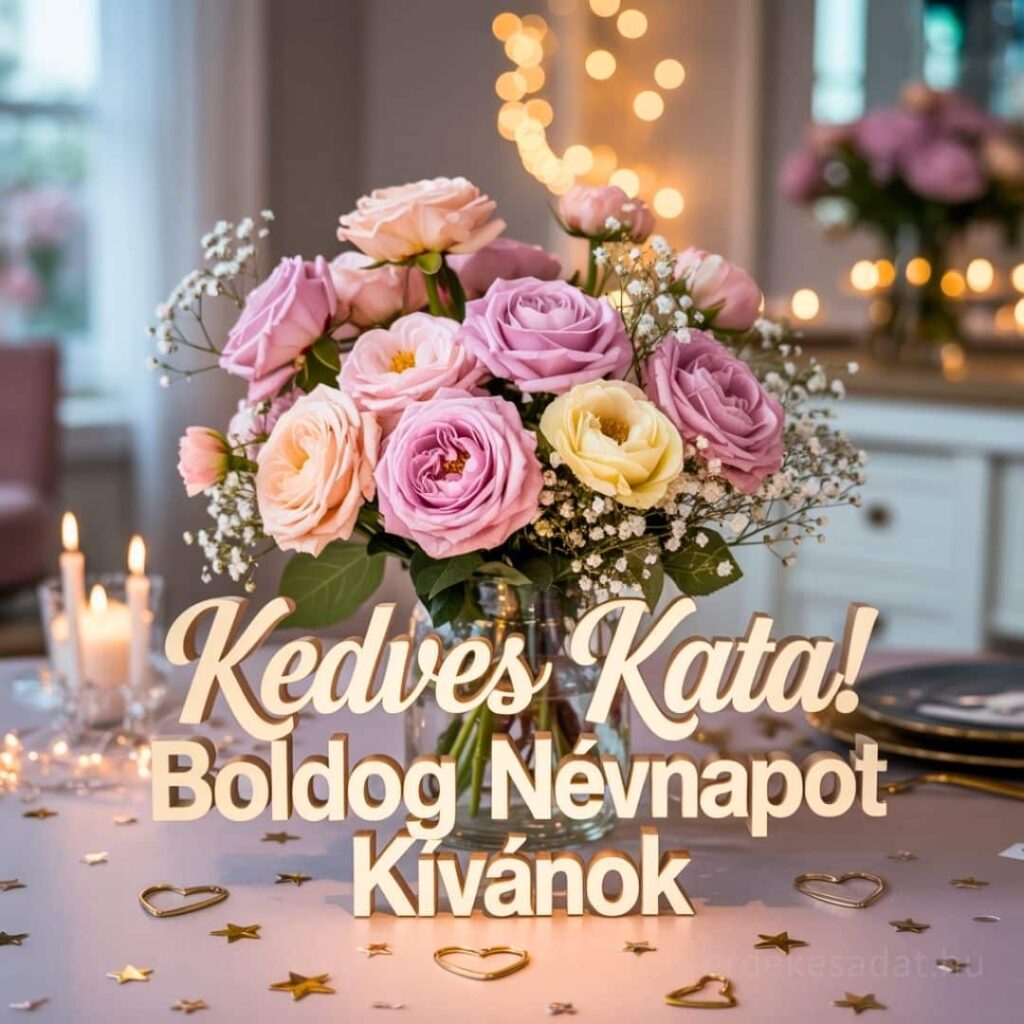 Katalin névnapi köszöntő kép „Kedves Kata! Boldog névnapot kívánok” felirattal
