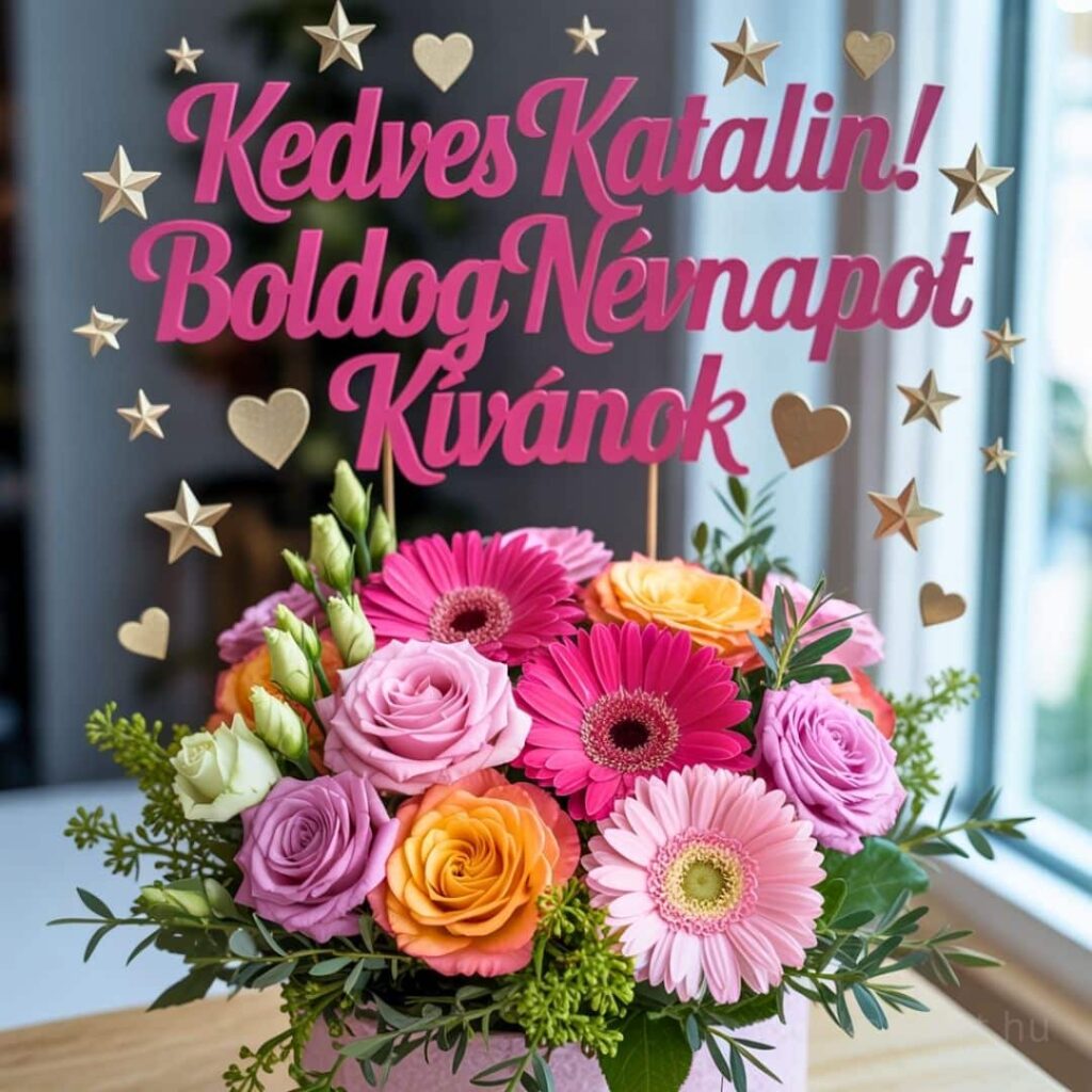 Gerberás Katalin névnapi köszöntő kép „Kedves Katalin! Boldog névnapot kívánok” felirattal