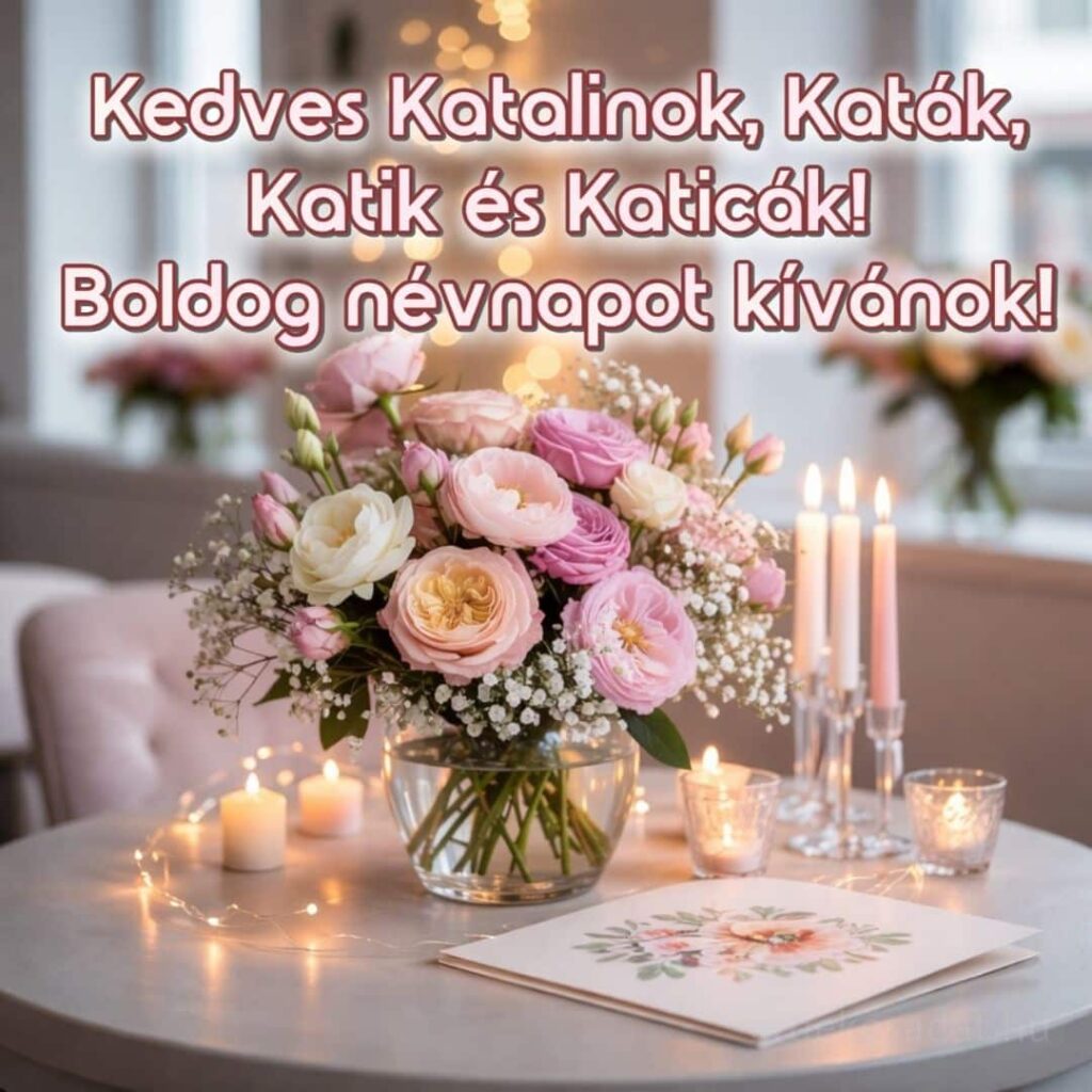 Katalin névnapi köszöntő kép „Kedves Katalinok, Katák, Katik és Katicák! Boldog névnapot kívánok” felirattal