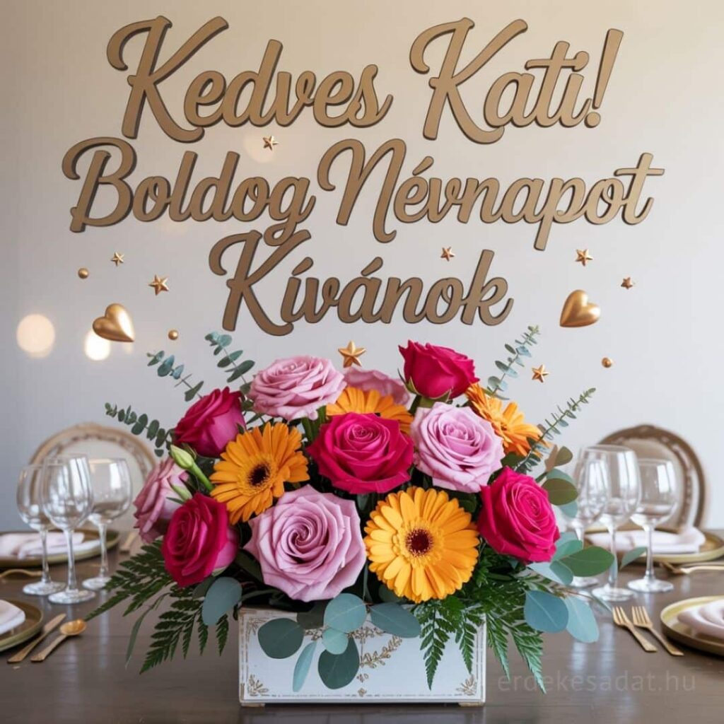 Katalin névnapi köszöntő kép „Kedves Kati! Boldog névnapot kívánok” felirattal