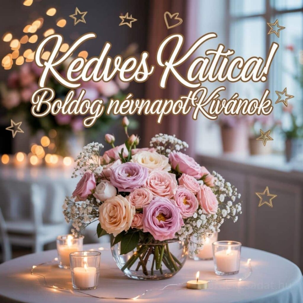 Katalin névnapi köszöntő kép „Kedves Katica! Boldog névnapot kívánok” felirattal