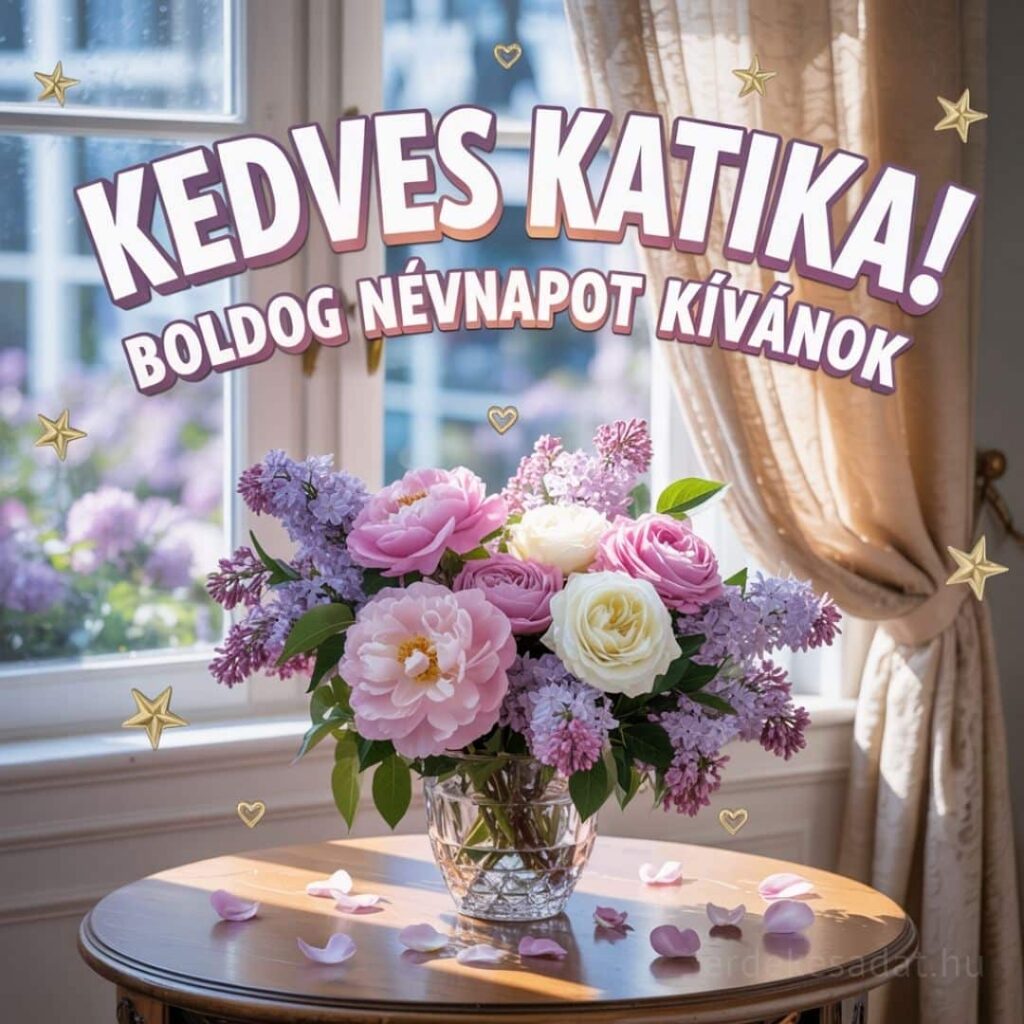 Katalin névnapi köszöntő kép „Kedves Katika! Boldog névnapot kívánok” felirattal