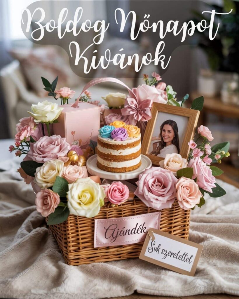 Nőnapi képeslap, rusztikus ajándékcsomag, rózsa, virág, desszert, sok szeretettel boldog nőnapot kívánok felirat