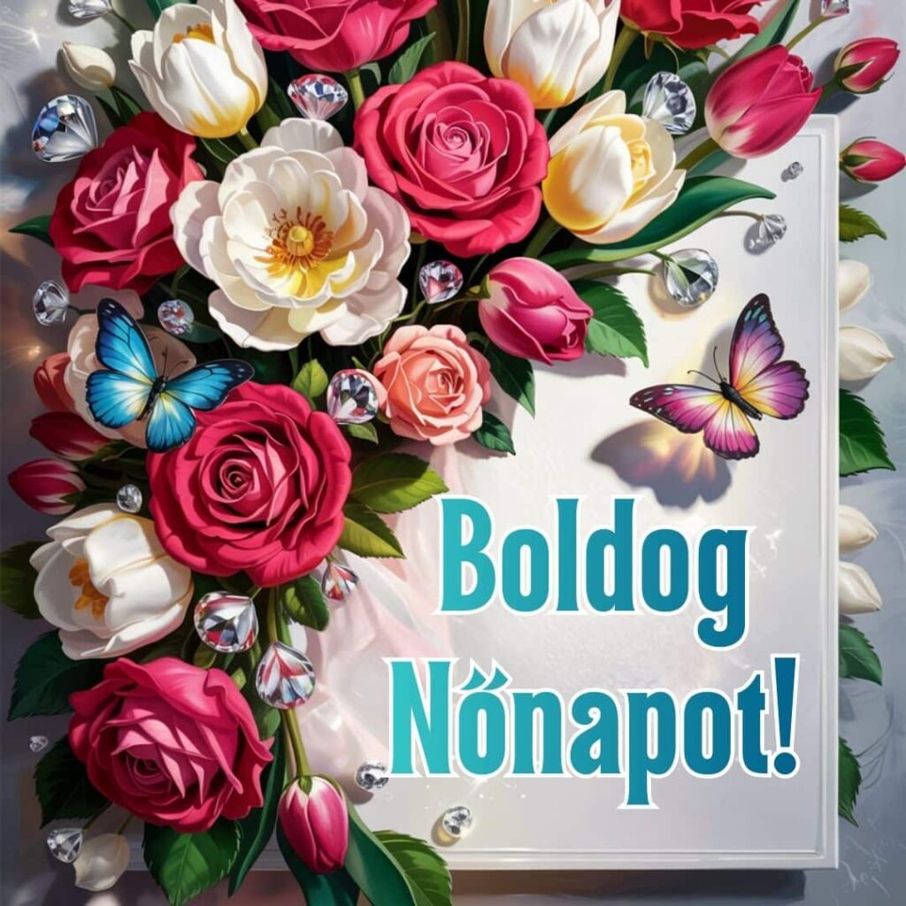 Szép virágos pillangós képeslap Boldog nőnapot felirattal