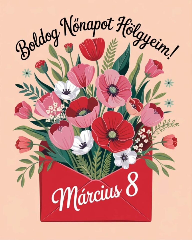 Vidám nőnapi képeslap, pipacsos, boldog nőnapot hölgyeim felirat