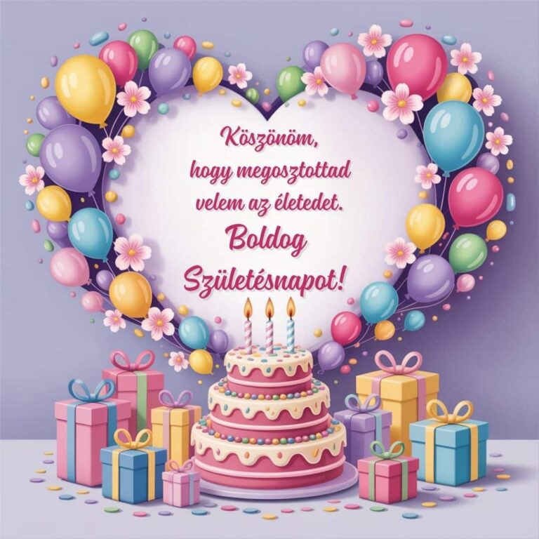 Születésnapi köszöntő ajándékokkal és tortával. Férjnek vagy feleségnek szóló felirattal: Köszönöm, hogy megosztottad velem az életedet. Boldog Születésnapot!
