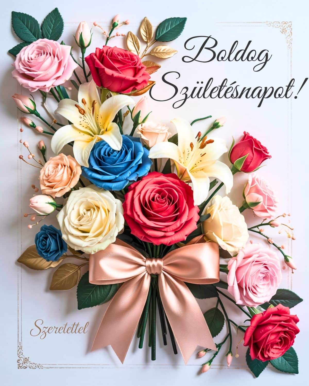 Elegáns rózsás csokor boldog születésnapot felirattal