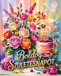 Színes virágcsokros boldog születésnapot köszöntő kép