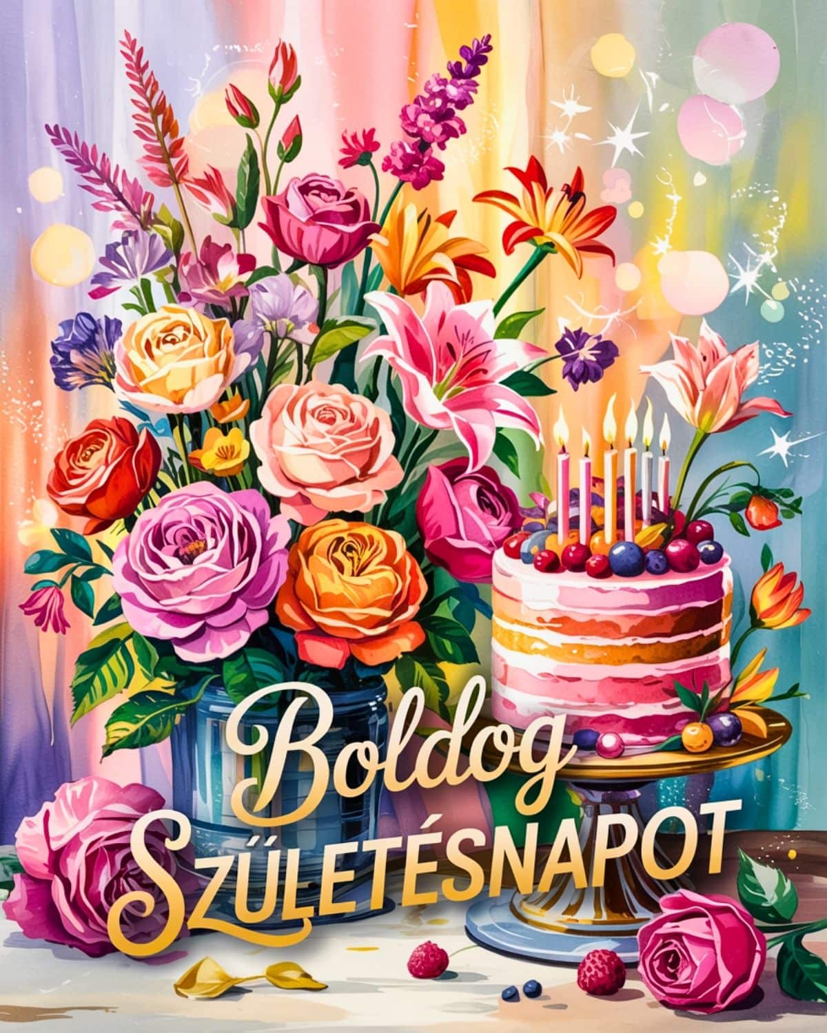 Színes virágcsokros boldog születésnapot köszöntő kép