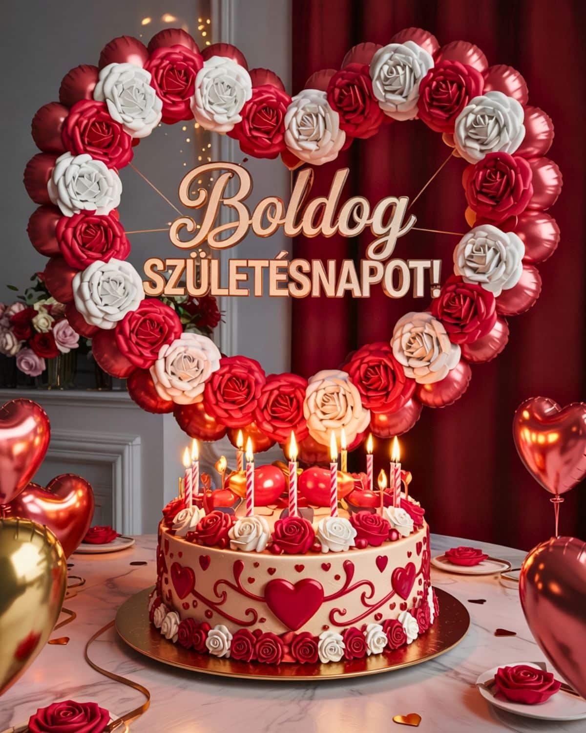 Szíves díszítésű boldog születésnapot tortás köszöntő kép