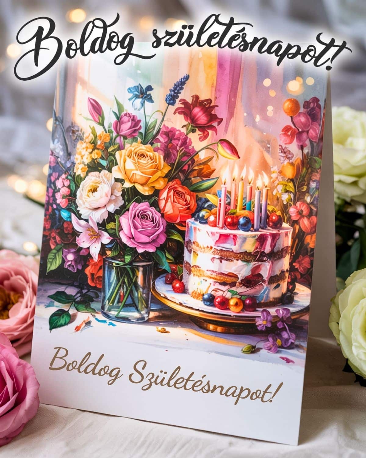 Virágos tortás boldog születésnapot köszöntő kép