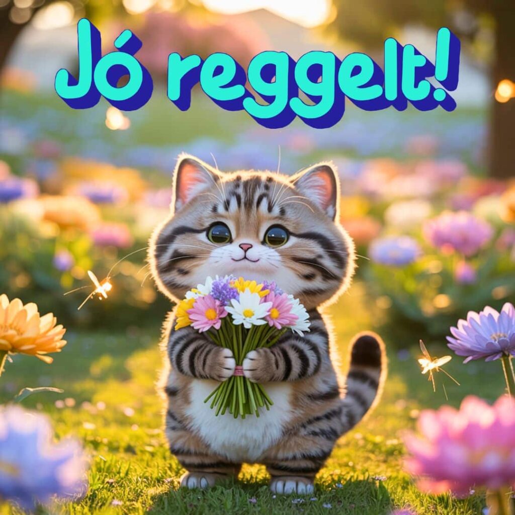 Cuki cica virágcsokorral jó reggelt felirattal