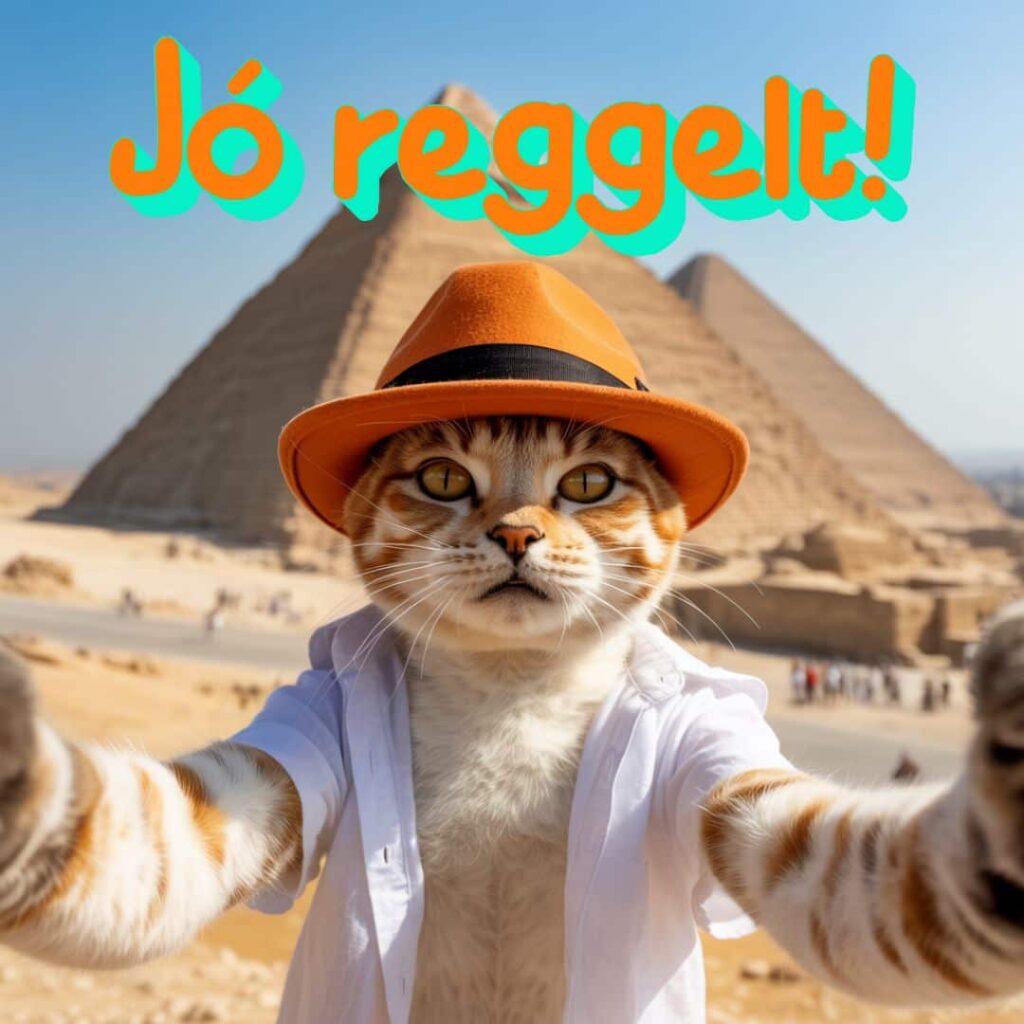 Macska Egyiptomban jó reggelt felirattal, különleges reggeli kép