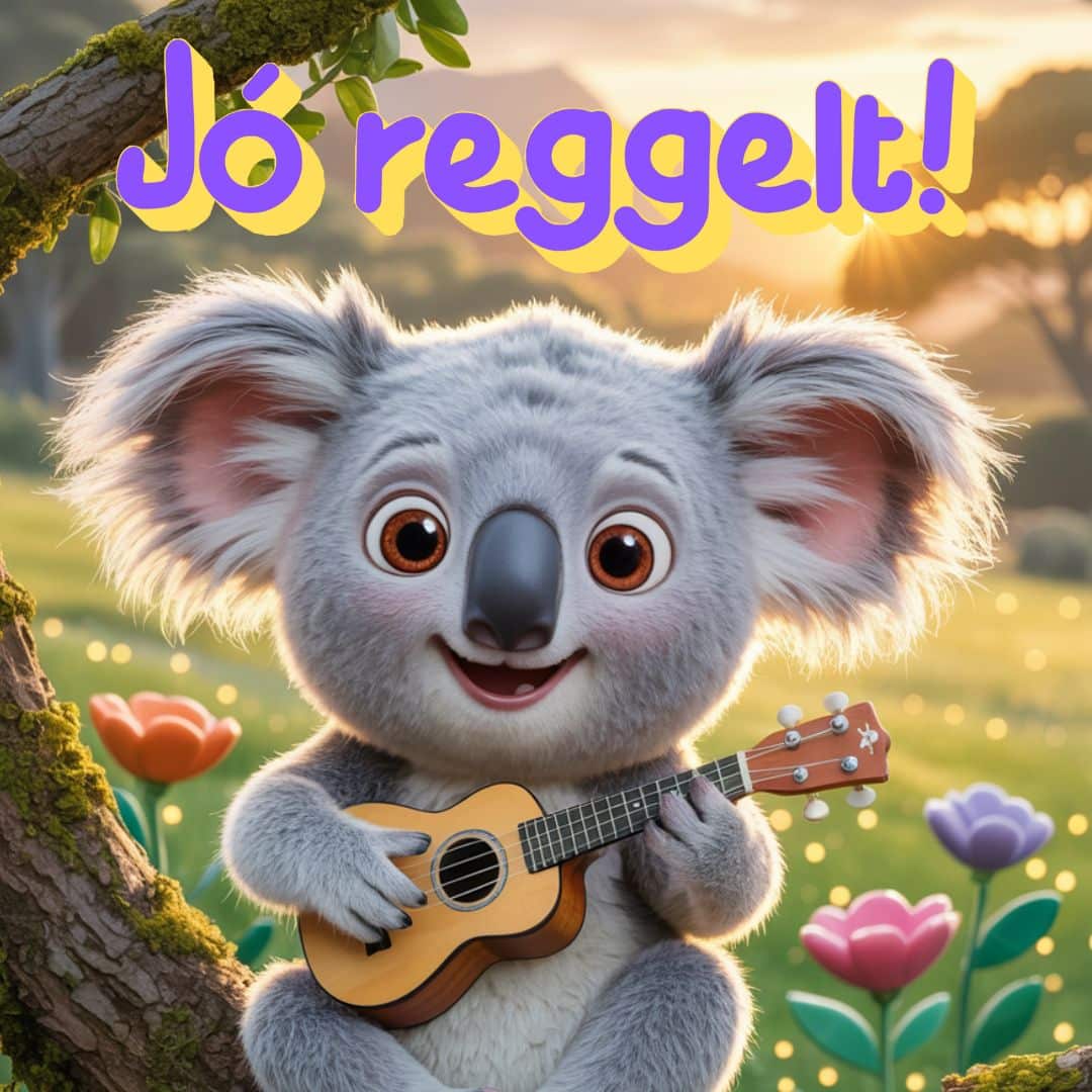 Cuki koala jó reggelt felirattal, vidám, barátságos hangulatban