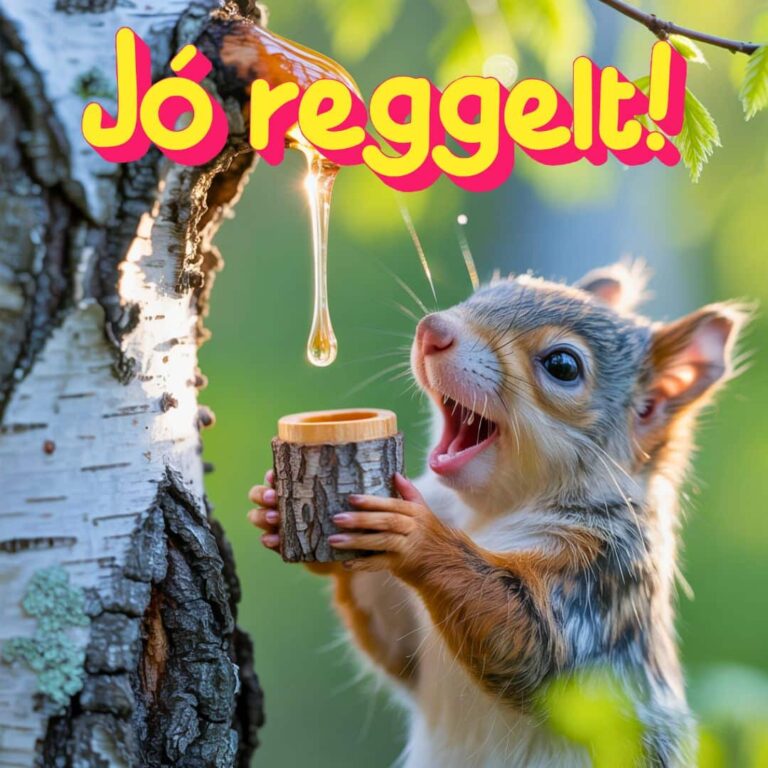 Cuki mókus kávéval jó reggelt felirattal