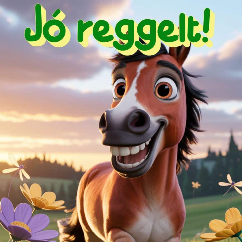 Mosolygós ló jó reggelt képen, vidám reggeli hangulattal