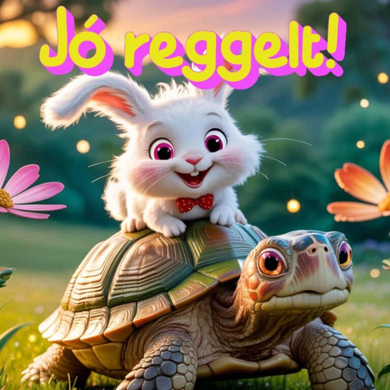 Nyuszi és teknős barátságos jó reggelt képen