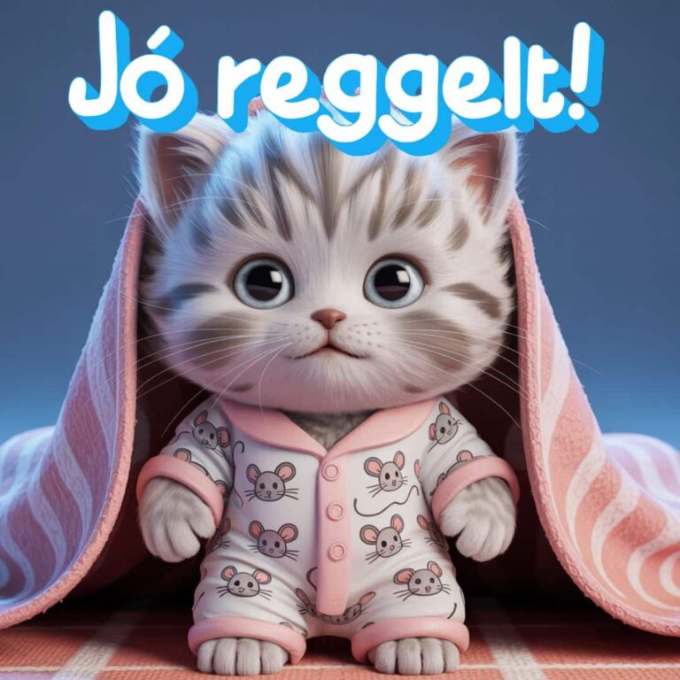 Pizsamás cica jó reggelt felirattal, aranyos reggeli kép