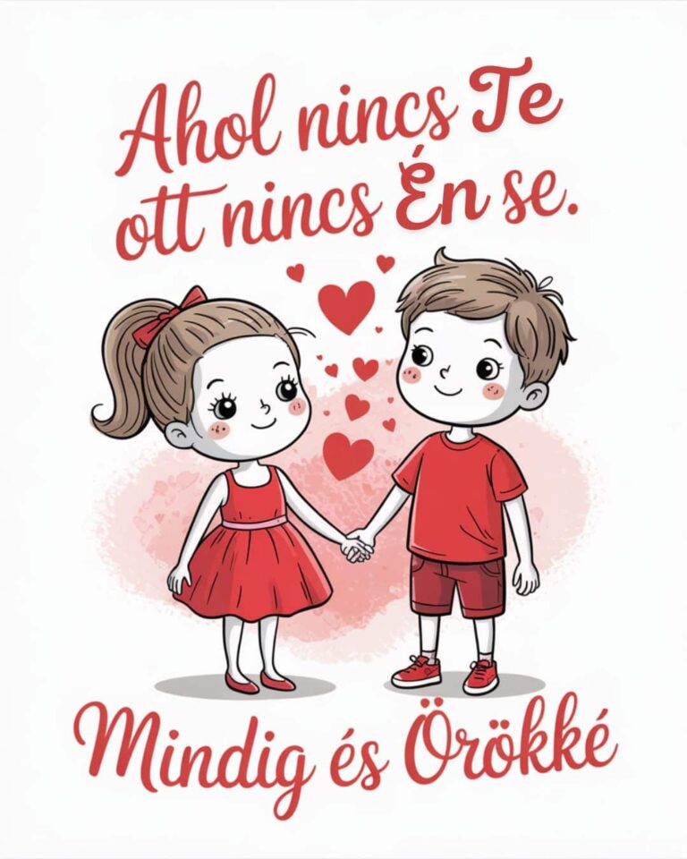 Aranyos, cuki szerelmes idézet Valentin napra, rajzolt szerelmes kisfiú és kislány fogják egymás kezét, ahol nincs te ott nincs én se mindig és örökké felirat