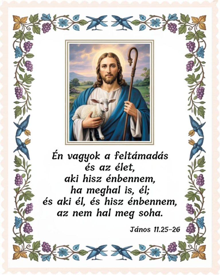 Én vagyok a feltámadás és az élet, aki hisz énbennem, ha meghal is, él; és aki él, és hisz énbennem, az nem hal meg soha feliratú húsvéti üdvözlet