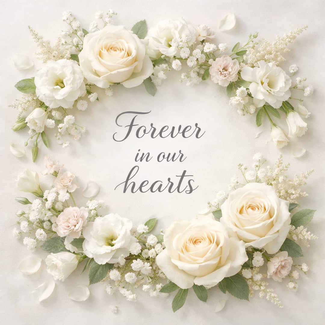 forever in our hearts sympathy message with white flowers on light background