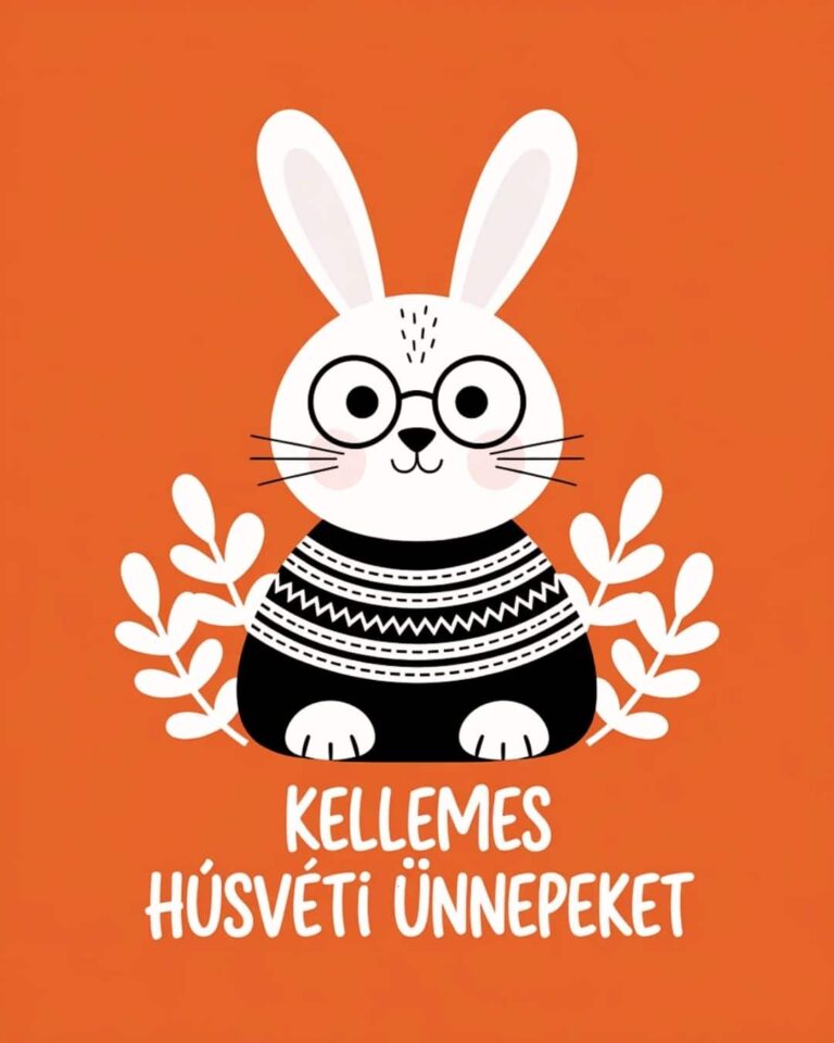 Cuki nyuszi húsvéti képeslap narancssárga háttéren skandináv stílusban, kellemes húsvéti ünnepeket felirat