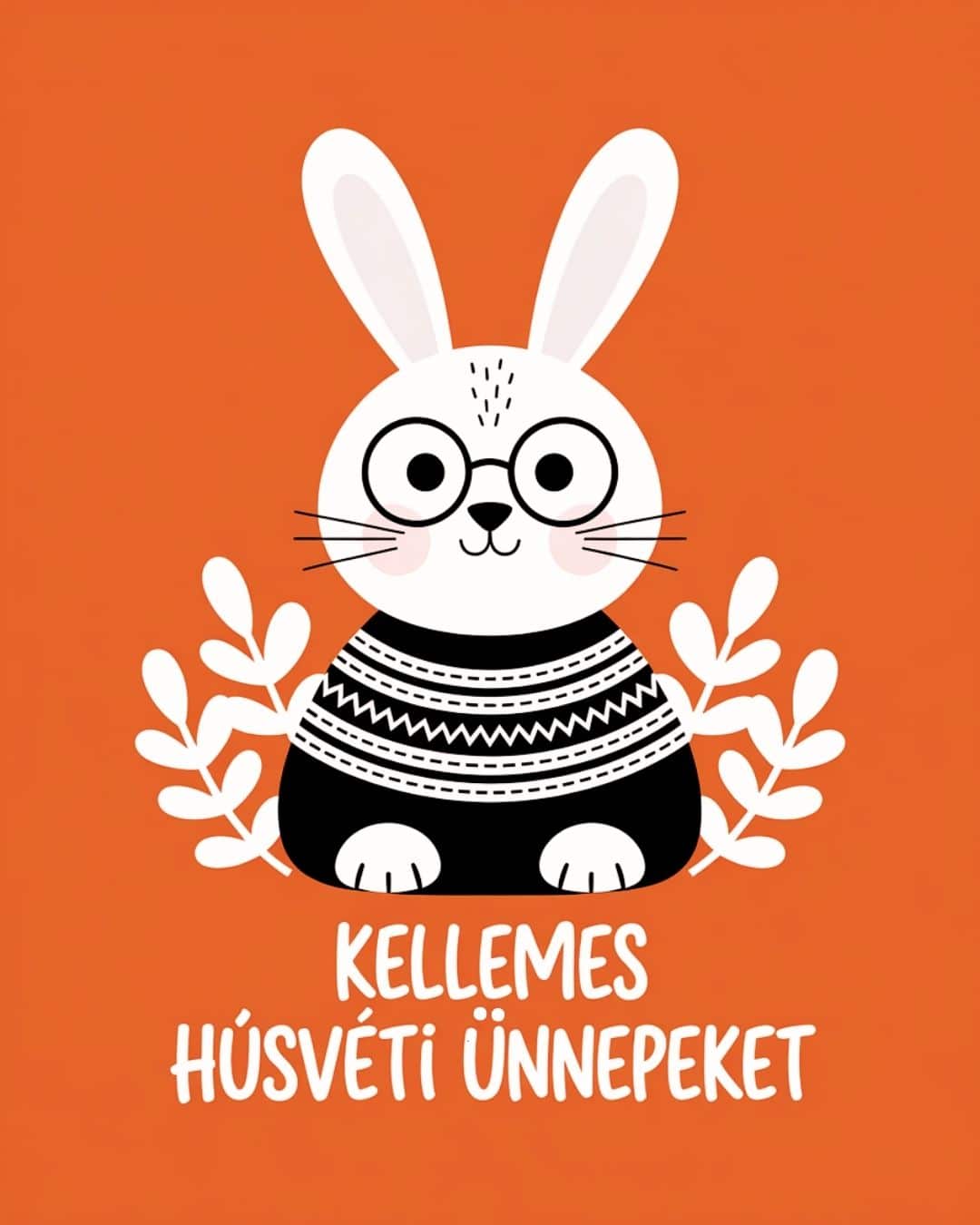 Cuki nyuszi húsvéti képeslap narancssárga háttéren skandináv stílusban, kellemes húsvéti ünnepeket felirat