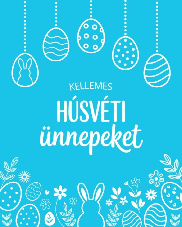 Kék húsvéti képeslap tojásmintákkal és Kellemes Húsvéti ünnepeket felirattal