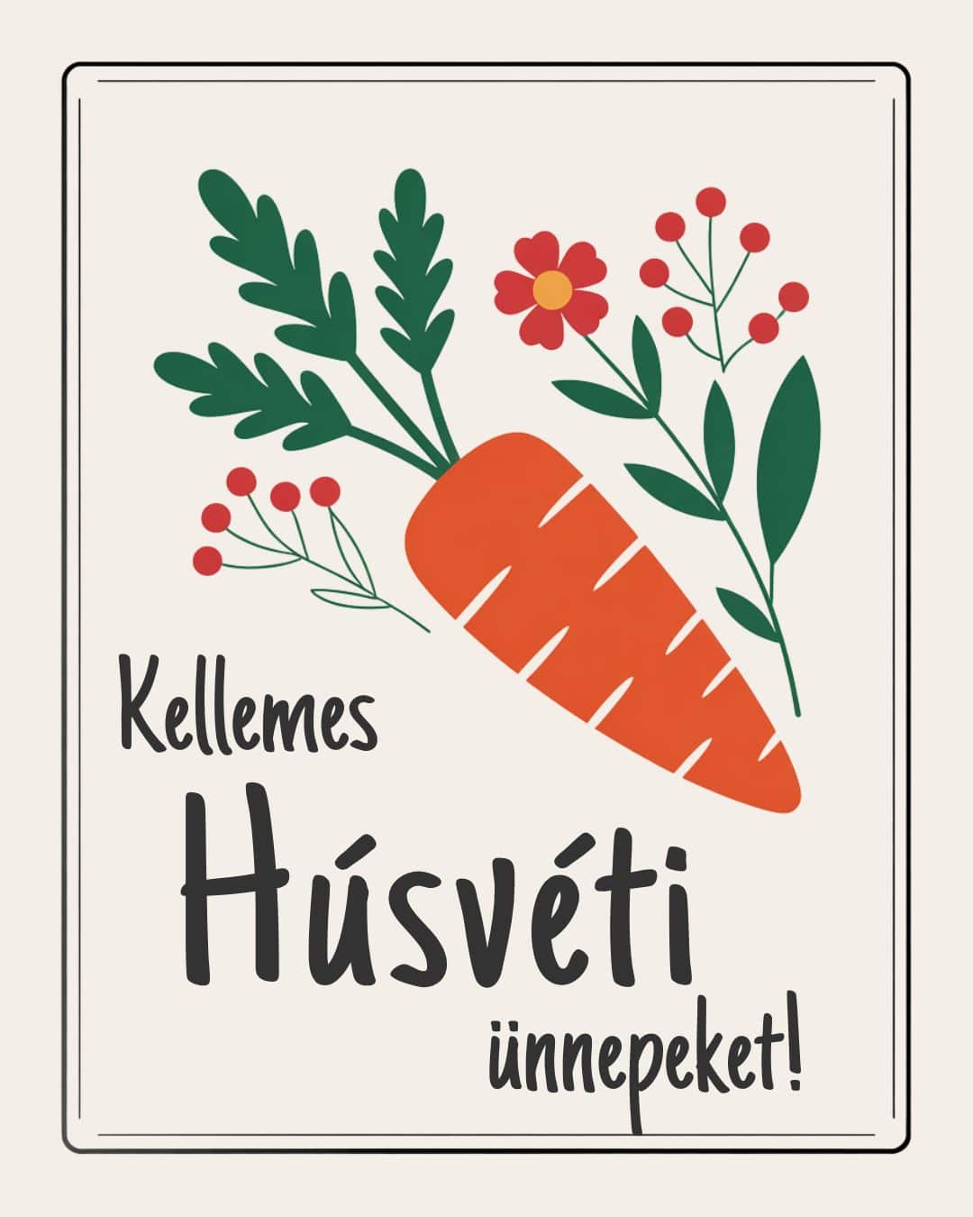 Jópofa rajzos húsvéti képeslap répával és virágmintákkal Kellemes Húsvéti Ünnepeket felirattal