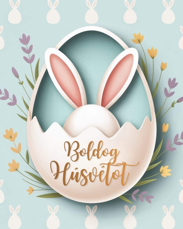Húsvéti tojásból kikukucskáló nyuszi képeslap boldog húsvétot üzenettel