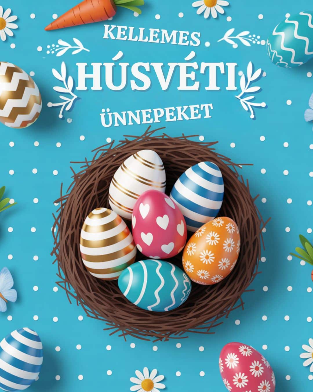 Húsvéti tojásfészek kék képeslapon ünnepi hangulatban, kellemes húsvéti ünnepeket szöveges felirat