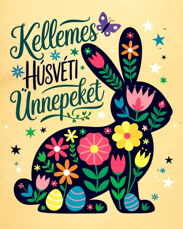 Virágmintás húsvéti nyuszi üdvözlet kellemes húsvéti ünnepeket felirattal