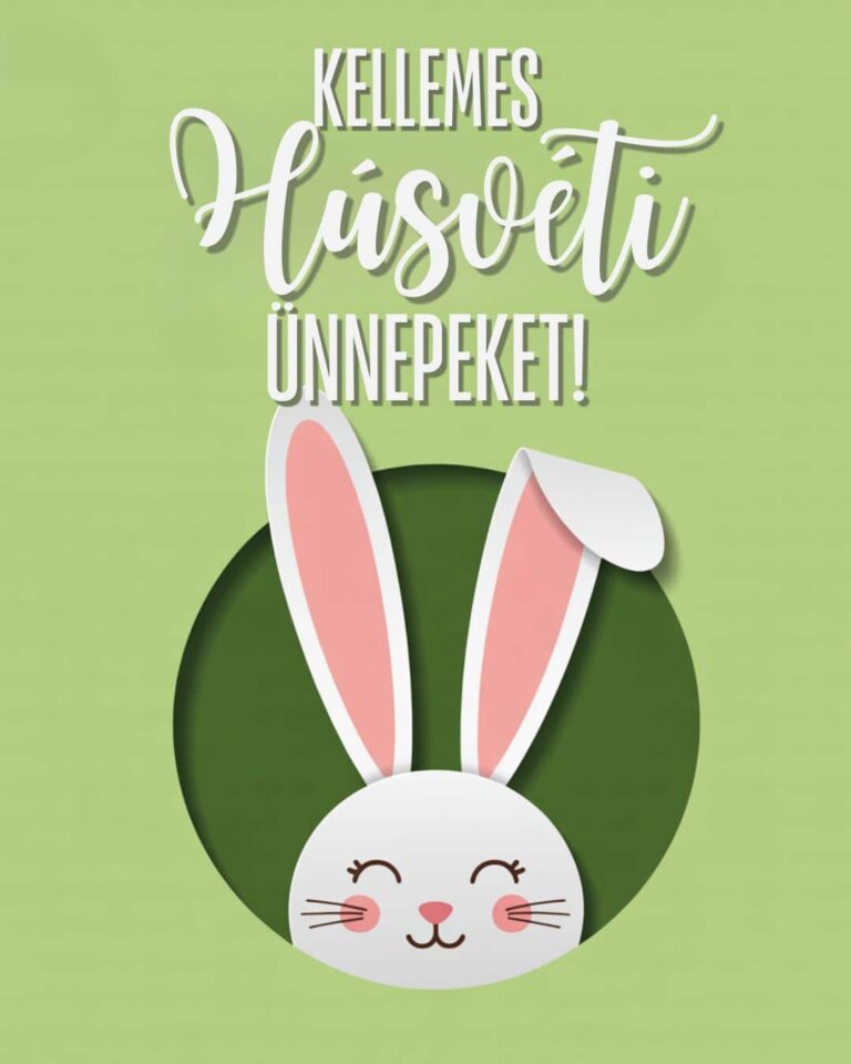 Zöld hátterű húsvéti nyuszi képeslap vidám stílusban, Kellemes Húsvéti Ünnepeket szöveg