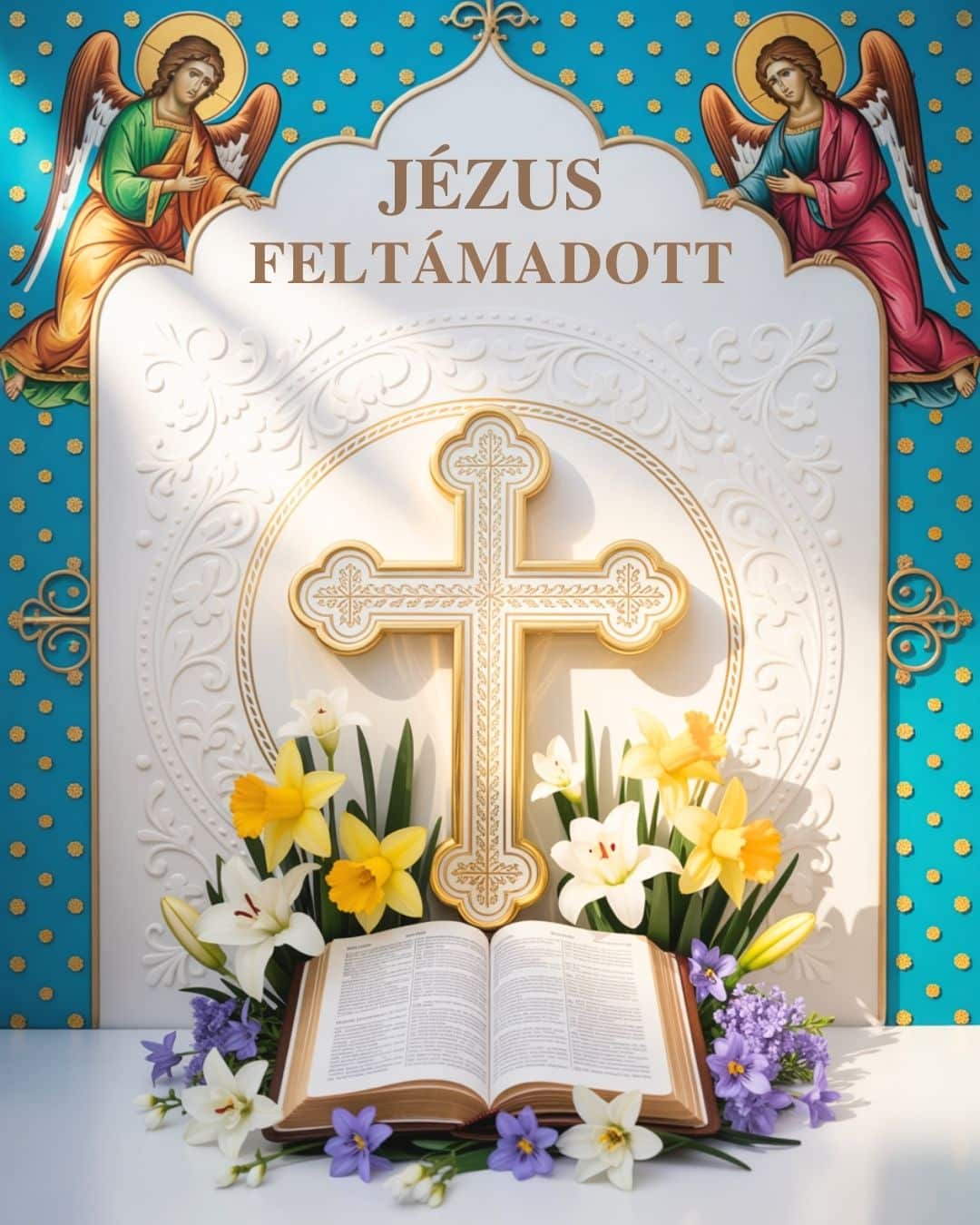 Jézus feltámadott feliratú húsvéti képeslap, háttérben fehér kereszt és Biblia