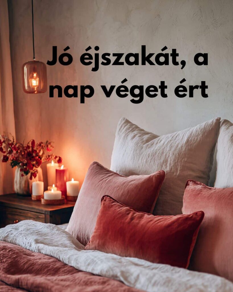 Jó éjszakát, a nap véget ért, ingyenes kép, kényelmes hálószoba puha párnákkal, gyertyák a éjjeli szekrényen