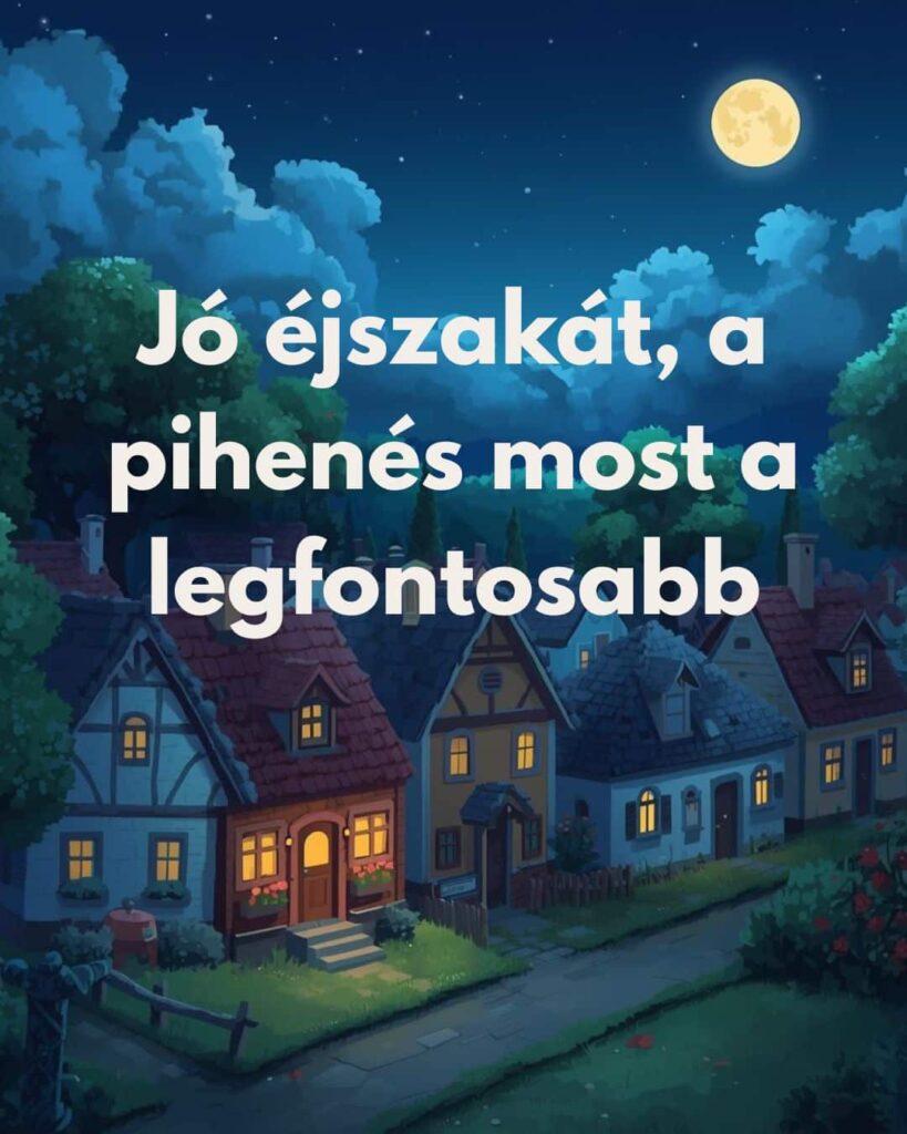 Megnyugtató esti üzenet Jó éjszakát, a pihenés most a legfontosabb felirat, esti utcakép, apró házak, világító ablakok, magas fák