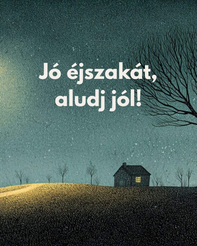 Ingyenes képeslap Jó éjszakát, aludj jól felirattal. Rajzolt háttér, csillagos ég, házikó