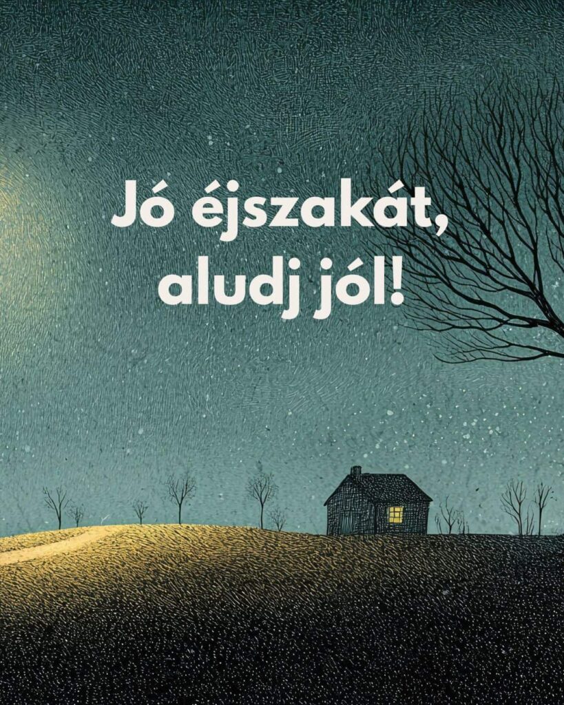 Ingyenes képeslap Jó éjszakát, aludj jól felirattal. Rajzolt háttér, csillagos ég, házikó