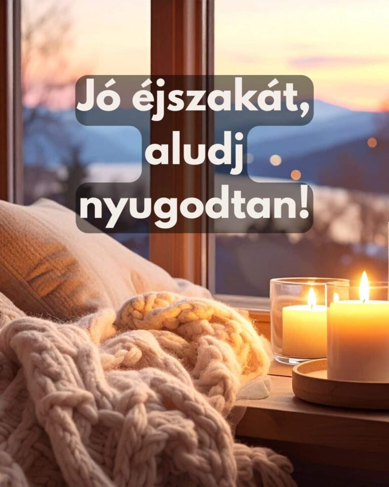 Jó éjszakát, aludj nyugodtan szöveges kép, ablak mellett fotel vastag fehér takaróval, gyertyák égnek a párkányon