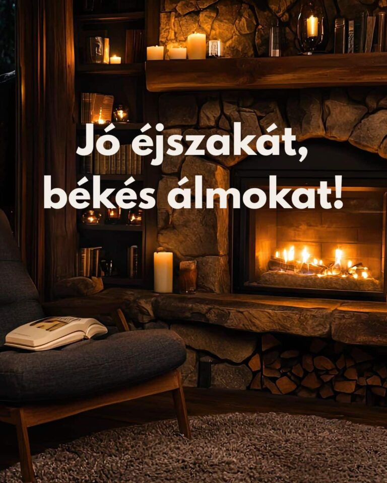 ingyenes képeslap Jó éjszakát, békés álmokat szöveggel, kandallóban ég a tűz, mellette fotel, nyitott könyvek
