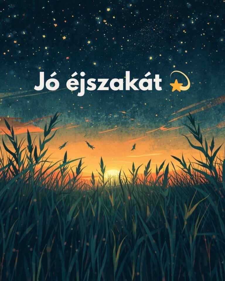 Jó éjszakát kép felirattal, rajzolt csillagos ég és naplemente, hullámzó búzamező