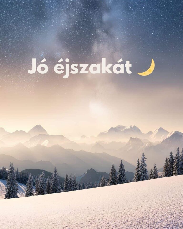 Jó éjszakát képeslap felirattal, havas táj, fenyők, hófödte hegycsúcsok és csillagos ég