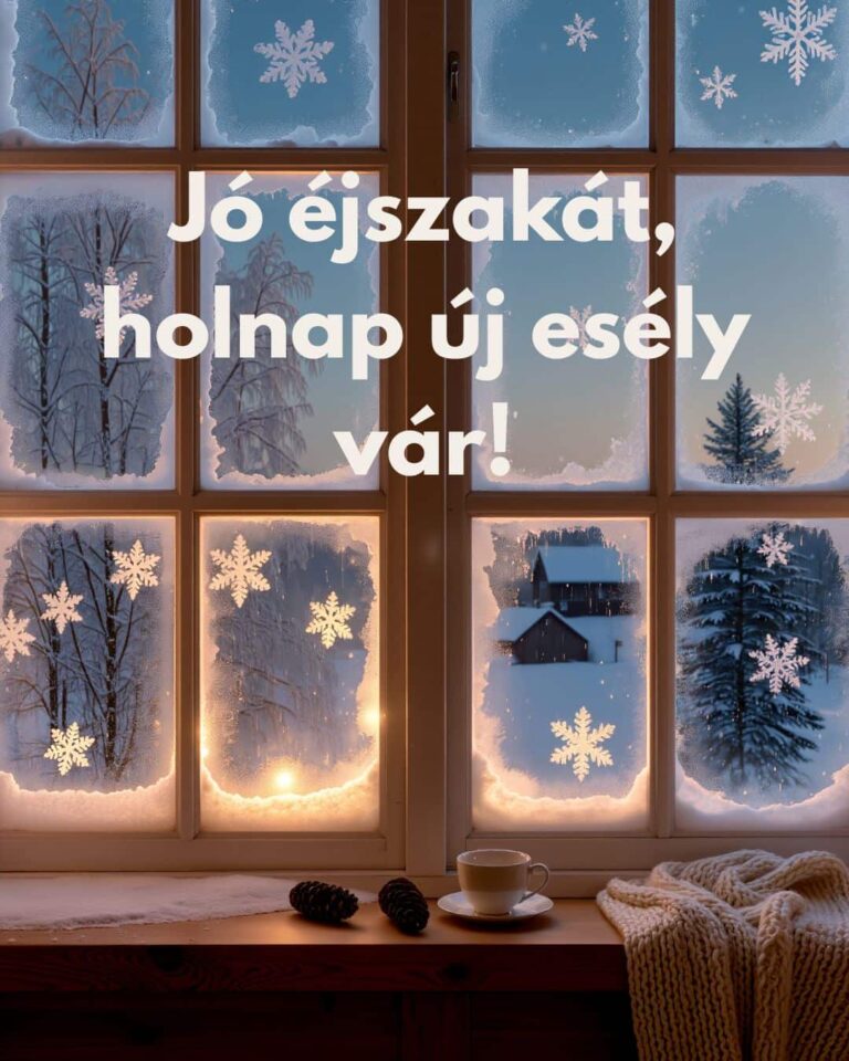 Motiváló üzenet Jó éjszakát, holnap új esély vár szöveggel, zúzmarás ablak, hópelyhek, fenyőtoboz, kávéscsésze és kötött pulóver az ablakpárkányon