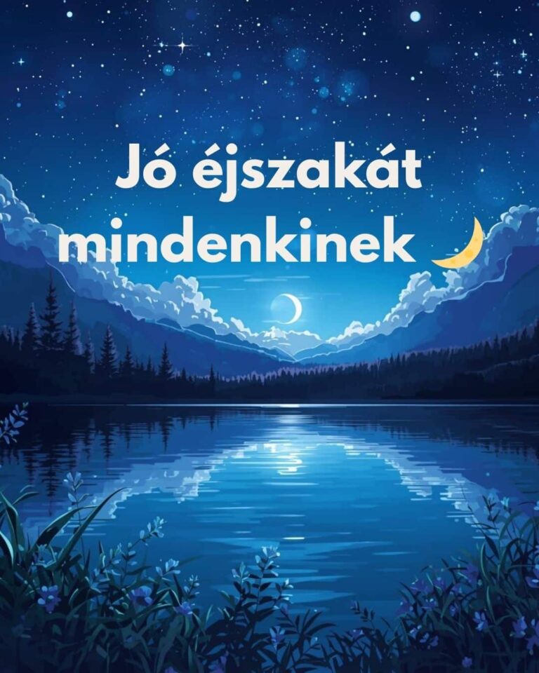 Jó éjszakát mindenkinek esti üzenet, rajzolt hegyi tó háttér, hold, hegyek, tavi növények